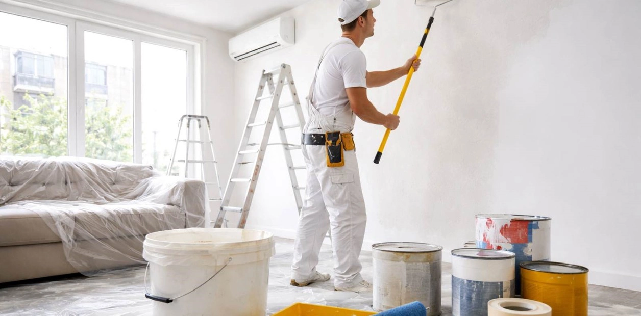 Pintor profesional aplicando pintura latex en pared interior Lima