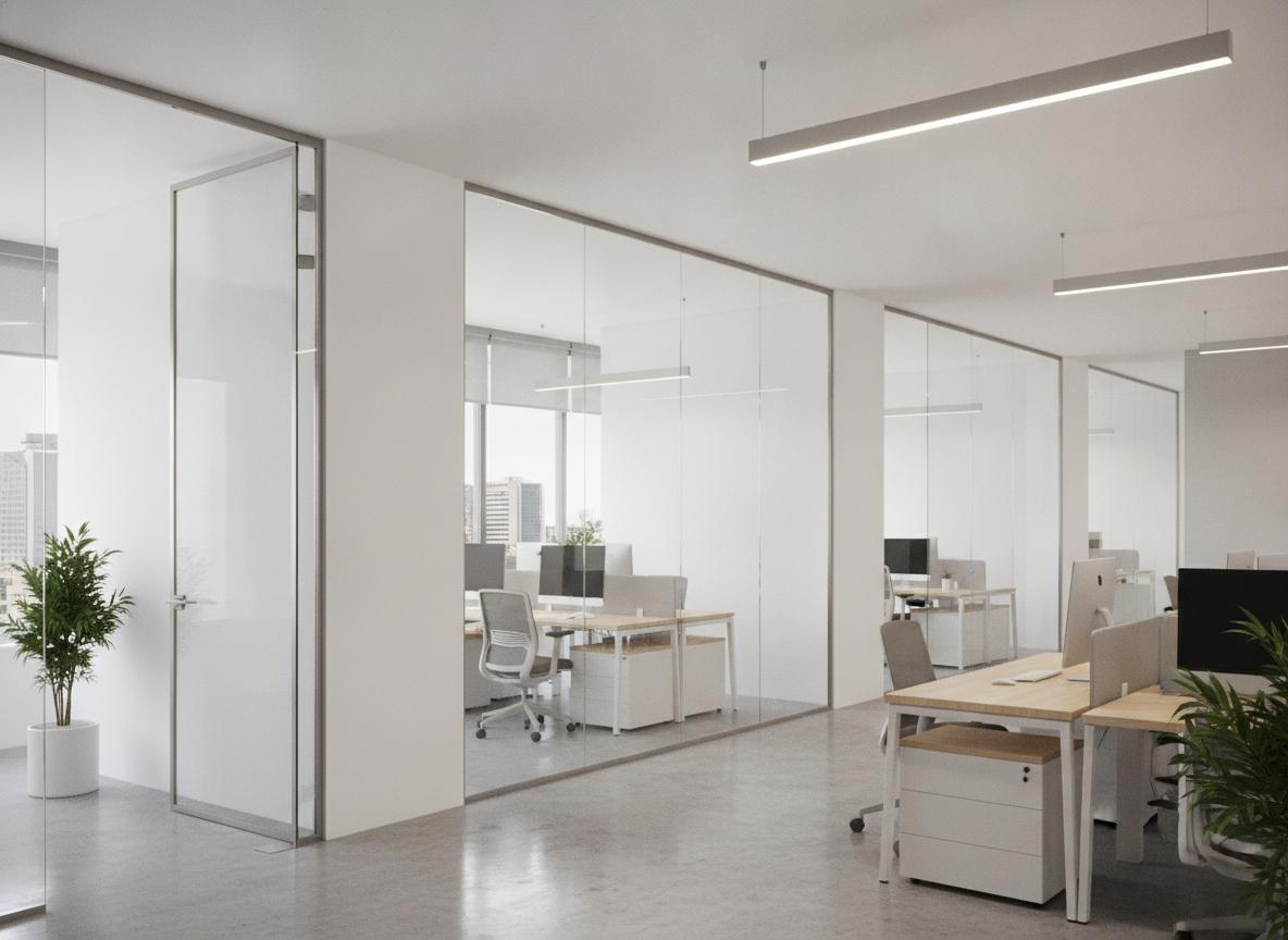 Oficina moderna con divisiones de drywall y iluminación LED