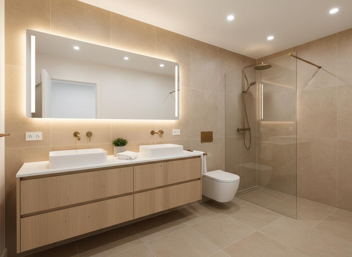 Baño remodelado con cerámica moderna y mueble flotante