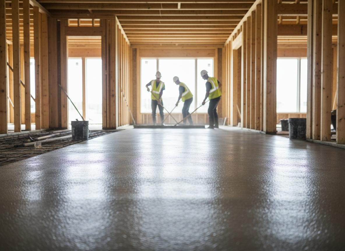 Trabajadores nivelando piso de concreto - Tarrajeo y vaciado
