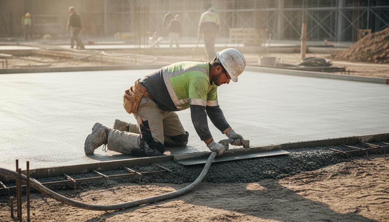 Trabajador profesional nivelando piso de concreto en Lima